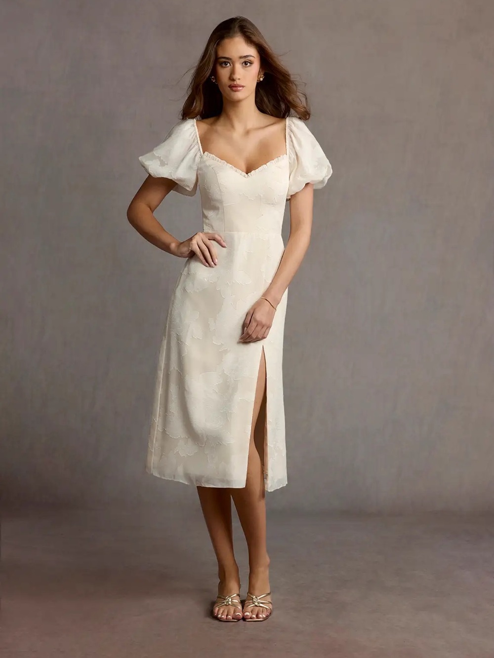 Azazie Misha Ivory Puff-Sleeve Midi Dress with Front Slit